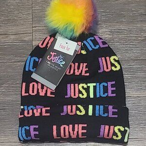 Justice Girls "LOVE" Knit Beanie Hat NWT Rainbow Faux Fur Pom Winter Accessories